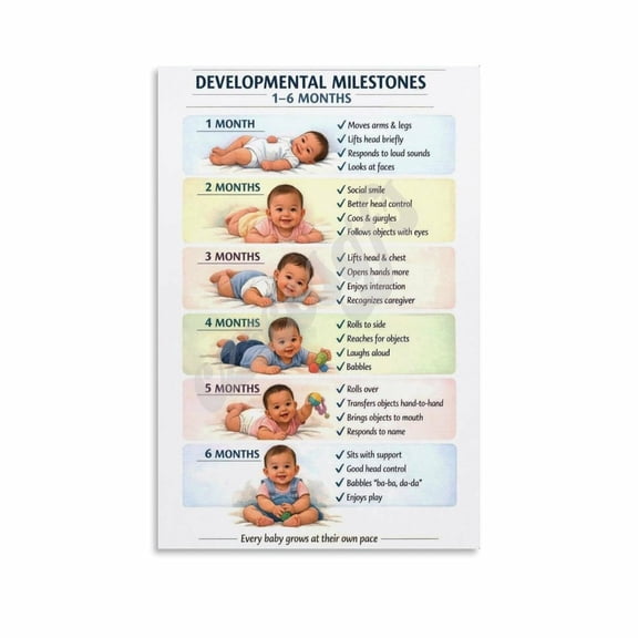 1-6 Months Baby Developmental Milestones Poster Infant Growth Chart Wall Art Canvas Painting Wall Art