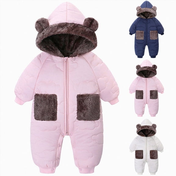 1-6 Months Infant Hooded Snowsuit Rompers,Fleece Lined Zip Up Baby Jumpsuit,Warm Winter Outdoor Onesie for Newborn Infant Boys Girls 0 3 6 Months,Pink