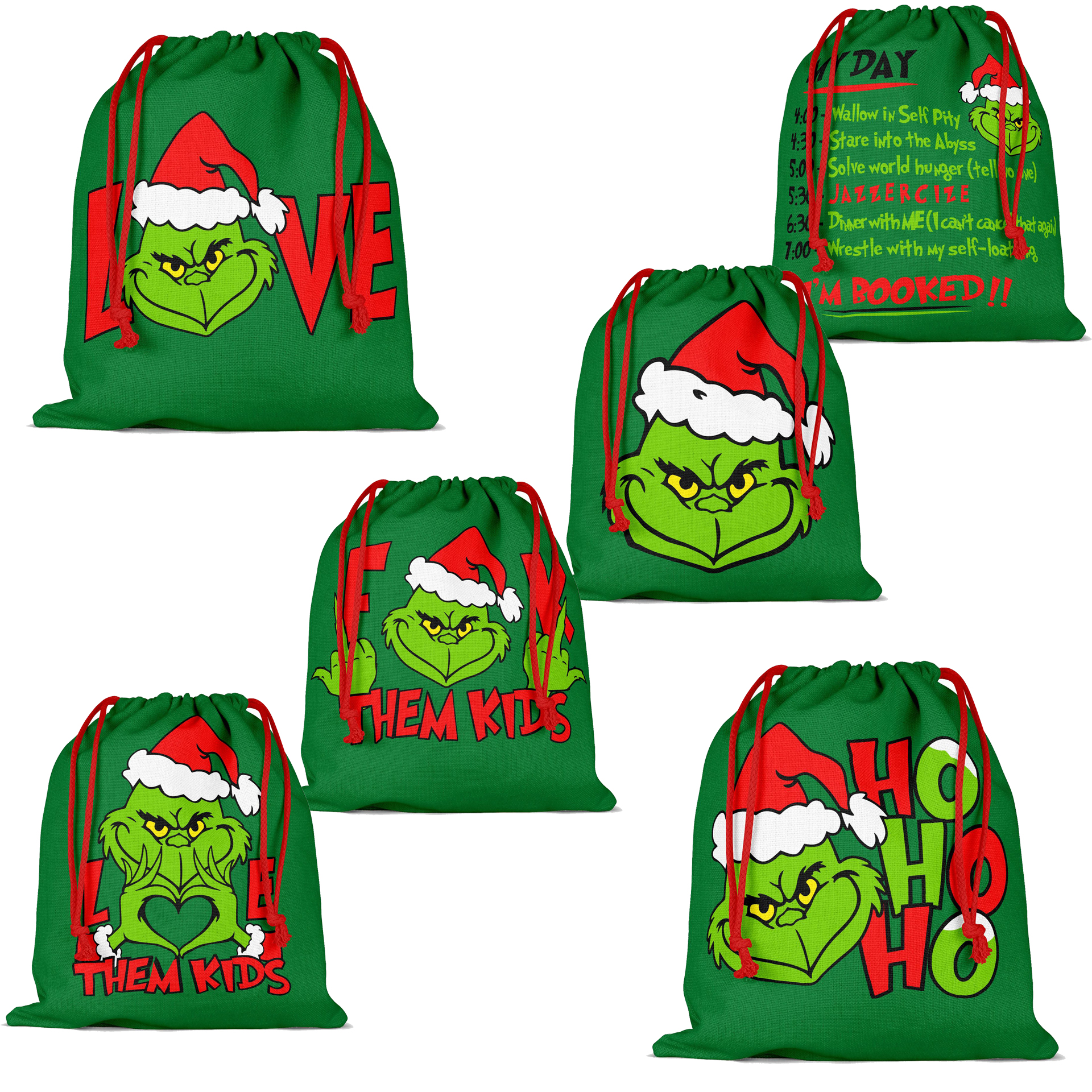 1/6 PCS Green Christmas Grinch Candy Gift Bag, Drawstring Pocket