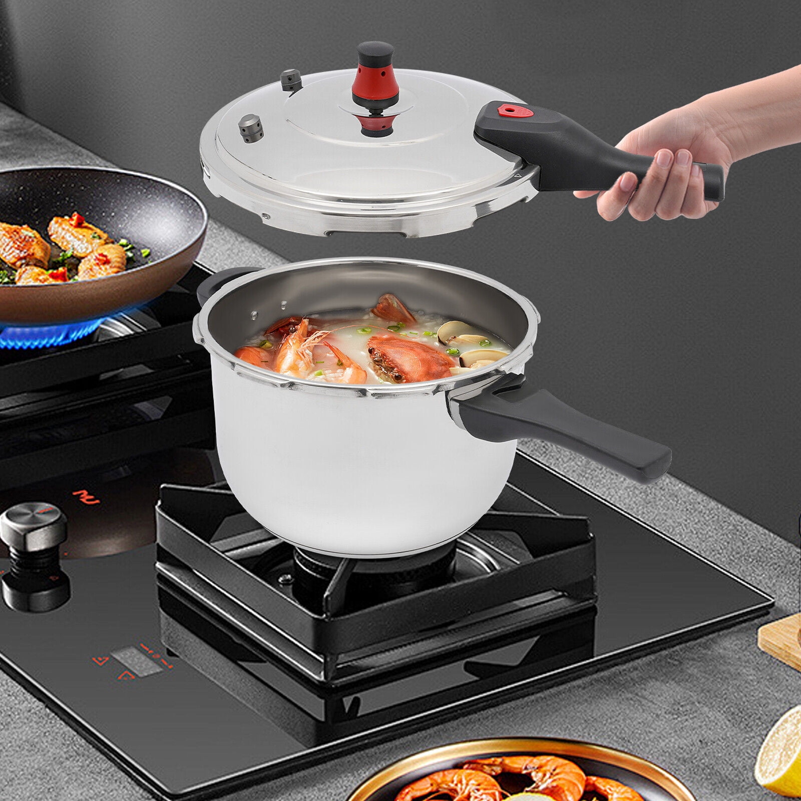 3.69 Qt Stainless Steel Pressure Cooker - 80KPA, 6 Safety Systems, For Gas & Induction Stoves (Soups, Stews, Meat)