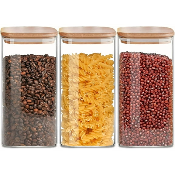 1.6 Qt Square Glass Storage Containers with Lids, Clear Food Storage Container Jar with Sealing Bamboo Lid for Noodles Flour Cereal Rice Sugar Tea Coffee Beans,Square Set of 3