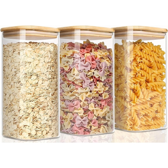 1.6 Qt Square Glass Storage Containers with Lids, Clear Food Storage Container Jar with Sealing Bamboo Lid for Noodles Flour Cereal Rice Sugar Tea Coffee Beans,Square Set of 3
