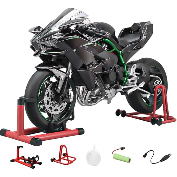 1/6 Scale Alloy Racing Style Dynamic RC Motorcycle Model, Realistic Simulation RC Dirt Bike with Ignition System, Smoke Spray, Light & Sound, Collectible Black Track Edition