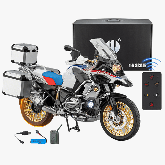 1/6 Scale Alloy Remote Control Motorcycle Model R1250GS, Realistic Dynamic Bike with Ignition Sound Light Spray Effects Rubber Tires Rear Wheel Drive Suspension, Collectible Vehicle Model, White