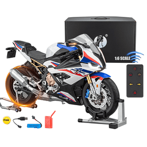 1/6 Scale Alloy Remote Control Motorcycle Model S1000RR, Realistic Dynamic Bike with Ignition Sound Light Spray Effects Rubber Tires Rear Wheel Drive Suspension, Collectible Vehicle Model, Black