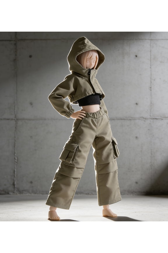 1/6 Scale Doll Clothes Streetwear Set - Hoodie, Crop Top & Cargo Pants for 12" Action Figures & BJD Dolls (Olive Green)
