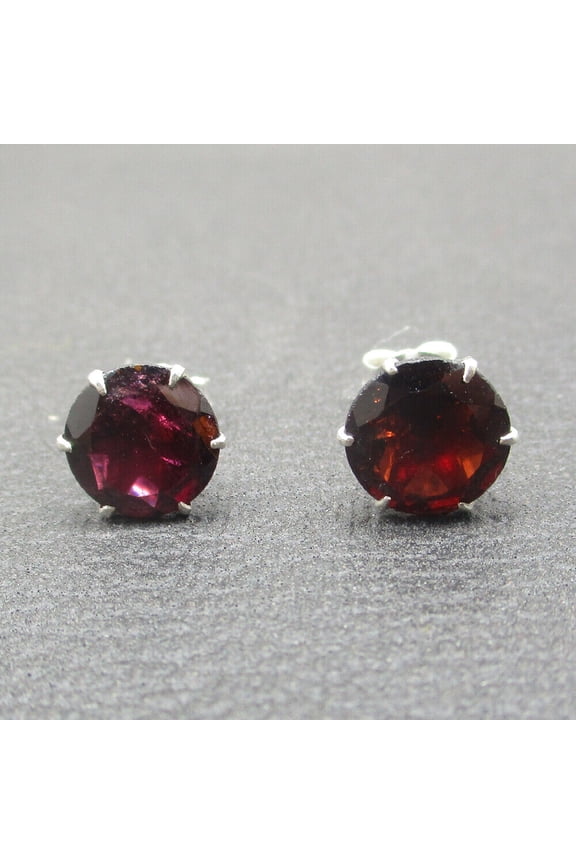 1.6 cm Real Garnet Earrings~.925 Sterling Silver Setting Round Shape Genuine Gemstone