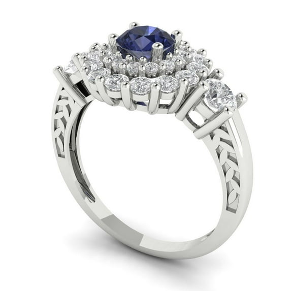1.6 ct Brilliant Round Cut Blue Sapphire 14k White Gold Halo Solitaire with Accents Bridal Wedding Engagement Promise Anniversary Ring for Women size 3.75