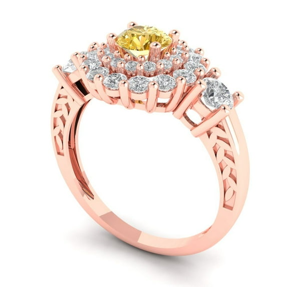 1.6 ct Brilliant Round Cut Yellow Moissanite 14k Rose Gold Halo Solitaire with Accents Bridal Wedding Engagement Promise Anniversary Ring for Women size 10.75