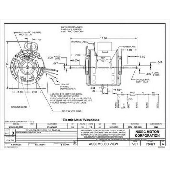 1/6 hp 1075 RPM 3-Speed 5 5/8" 115V Direct Drive Furnace Motor # 1240