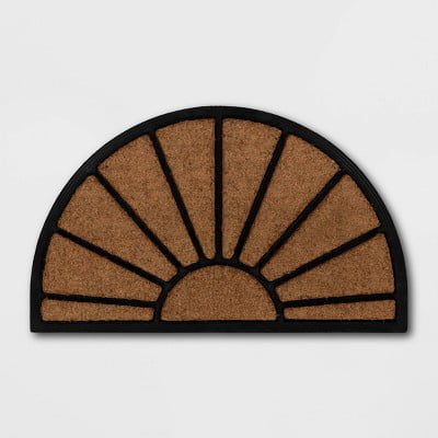 1'6"x2'6" Half Moon Rubber Coir Doormat Black - Outdoor Front Welcome Mat, Traditional Sun Pattern
