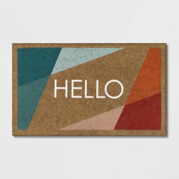 1'6"x2'6" 'Hello' Bright Block Faux Coir Doormat Beige: Outdoor Welcome Mat, High Pile, All-Weather