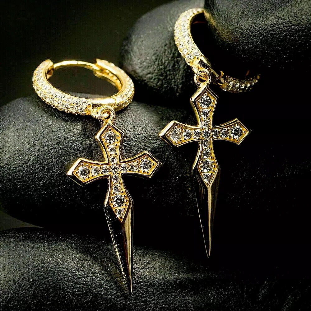 1.60 CT Natural Moissanite Cross Shape Men's 14k Yellow Gold Plated Huggie Hoop Earrings