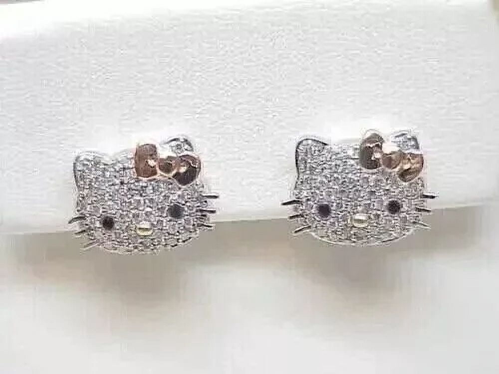 1.60 CT Round Simulated Diamond Hello Kitty Stud Earrings, 14K White Gold Plated Sterling Silver for Women