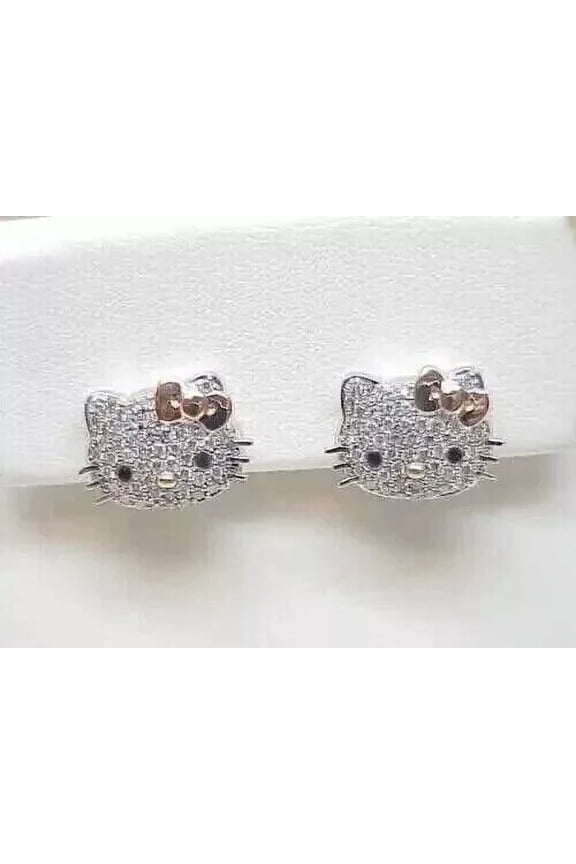1.60 CT Round Simulated Diamond Hello Kitty Stud Earrings, 14K White Gold Plated Sterling Silver for Women