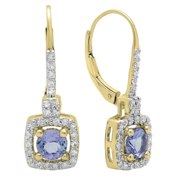 1.60 Carat (Ctw) 14K Yellow Gold Round Tanzanite & White Diamond Ladies Halo Style Hoop Earrings