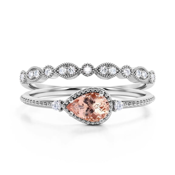 Dainty 1.60 Carat Pear Cut Morganite & Moissanite Bridal Set in 925 Sterling Silver with 18k White Gold Plating