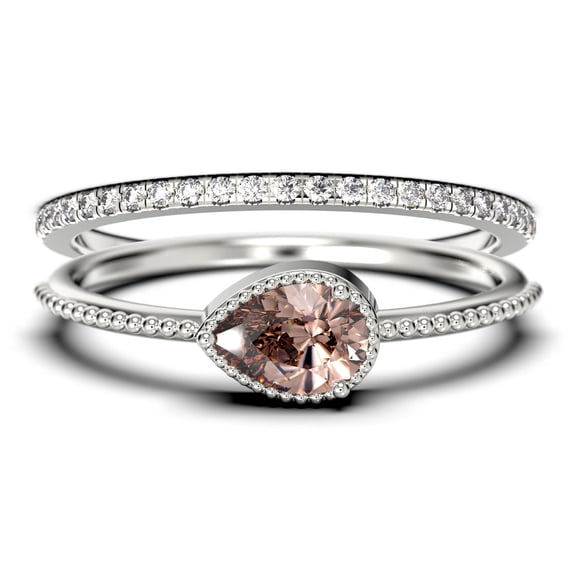 Dainty 1.60 Carat Pear Cut Morganite & Moissanite Bridal Set in 925 Sterling Silver with 18k White Gold Plating