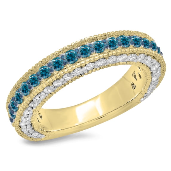 1.60 Carat (ctw) 10K Yellow Gold Round Cut Blue & White Diamond Ladies Millgrain Anniversary Wedding Stackable Band