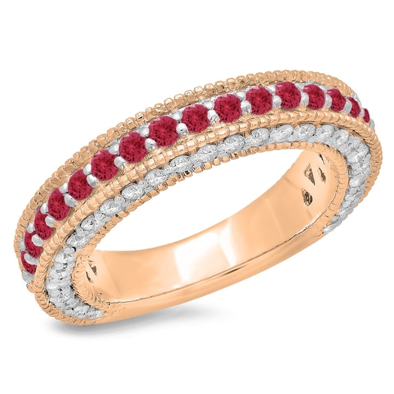 1.60 Carat (ctw) 18K Rose Gold Round Cut Ruby & White Diamond Ladies Millgrain Anniversary Wedding Stackable Band