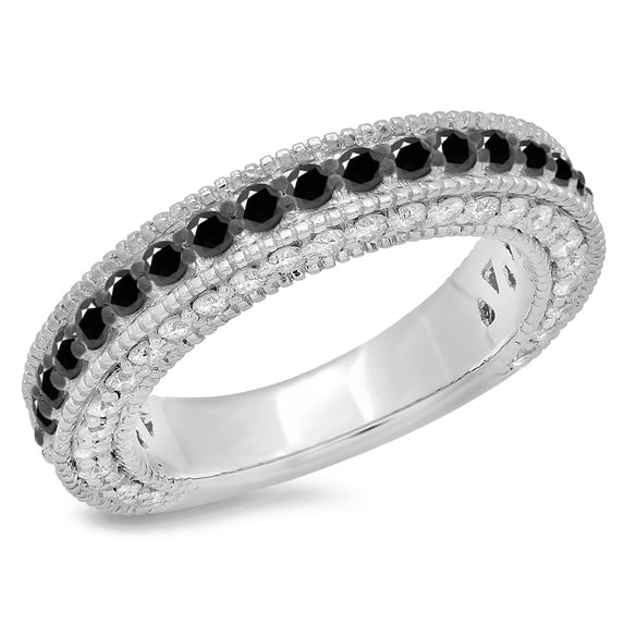 1.60 Carat (ctw) 18K White Gold Round Cut Black & White Diamond Ladies Millgrain Anniversary Wedding Stackable Band