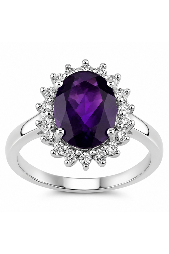 1.60 Ct Oval Purple Amethyst and Lab Diamond Prong Silver Halo Ring