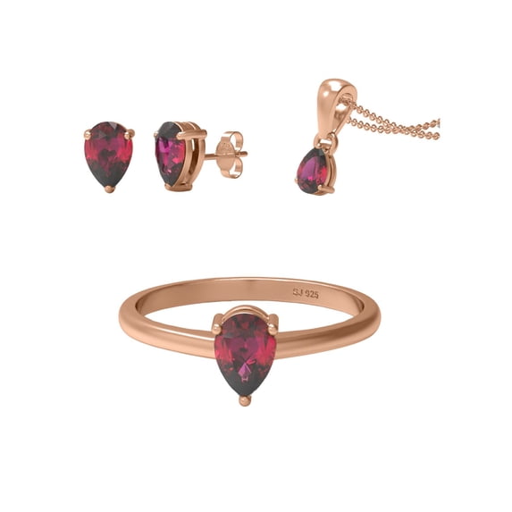 1.60 Ct Pear Shape Garnet 925 Sterling Silver Rose Vermeil Solitaire Ring Pendant Earring Set Jewelry