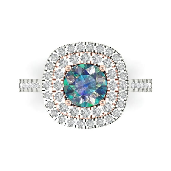 1.615 ctw Solitaire with Zirconia Diamond Accents Anniversary Ring for Women | Round Cut Blue Moissanite | Hyperallergenic Solid 18K White/Rose Gold