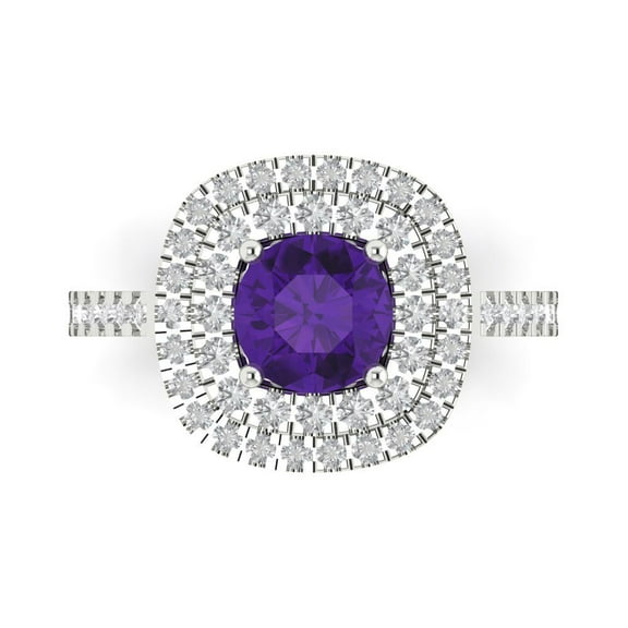 1.615 ct Round Cut Natural Amethyst Solitaire with Simulated Diamond Accents 18K White Gold Womens Engagement Ring