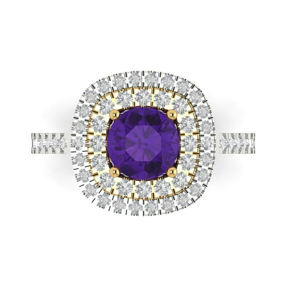 1.615 ctw with Simulated Diamond Halo Accents Anniversary Ring for Women | Round Cut Natural Amethyst | Hyperallergenic Solid 18K White/Yellow Gold