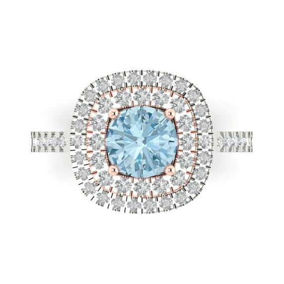 1.615 ct Round Cut Natural Aquamarine Solitaire with Simulated Diamond Accents 18K White/Rose Gold Womens Engagement Ring