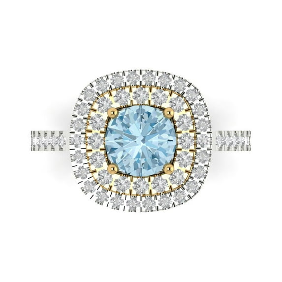 1.615 ctw with Simulated Diamond Halo Accents Anniversary Ring for Women | Round Cut Natural Aquamarine | Hyperallergenic Solid 18K White/Yellow Gold