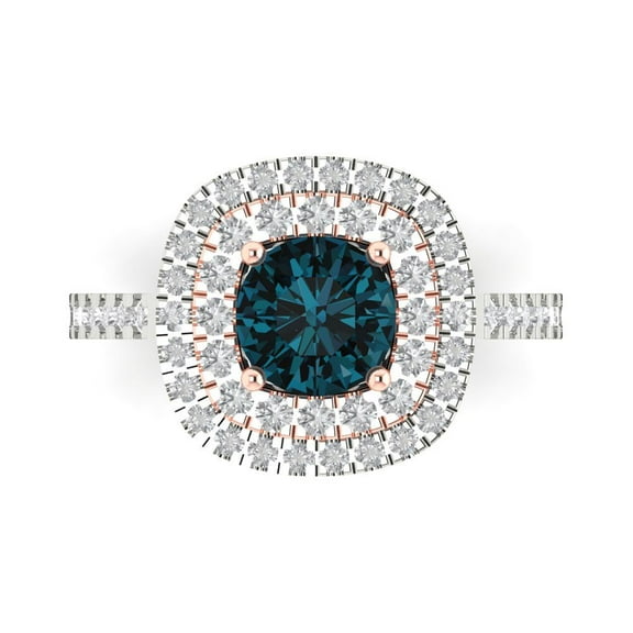 1.615 ct Round Cut Natural London Blue Topaz Solitaire with Simulated Diamond Accents 14K White/Rose Gold Womens Engagement Ring