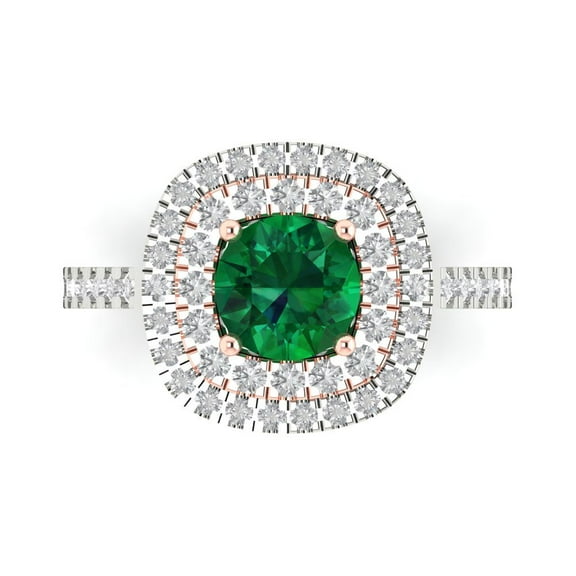 1.615 ct Round Cut Simulated Emerald Solitaire with Simulated Diamond Accents 14K White/Rose Gold Womens Engagement Ring
