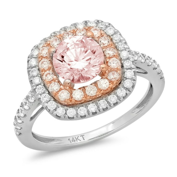 1.615 ct Round Cut Simulated Pink Diamond Solitaire with Simulated Diamond Accents 14K White/Rose Gold Womens Engagement Ring
