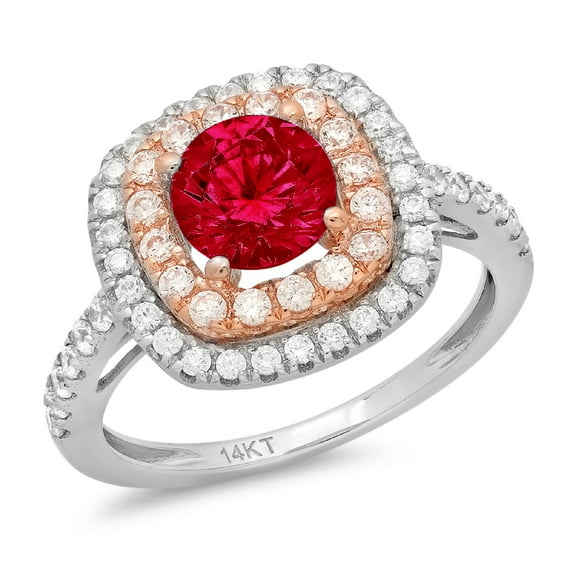 1.615 ct Round Cut Simulated Ruby Solitaire with Simulated Diamond Accents 18K White/Rose Gold Womens Engagement Ring