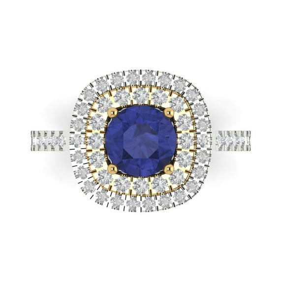 1.615 ctw with Simulated Diamond Halo Accents Anniversary Ring for Women | Round Cut Simulated Tanzanite | Hyperallergenic Solid 18K White/Yellow Gold