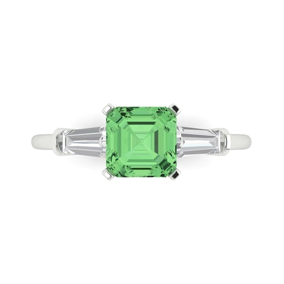 1.62 tcw Square Emerald Cut Engagement Ring for Women, Simulated Green Diamond Three-Stone Bridal Promise Ring for Her in 14K White Gold