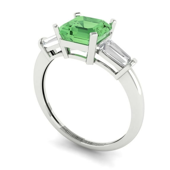14K White Gold Square Emerald Cut Green Zirconia Diamond (CZ) Three-Stone Engagement Ring (1.62 cttw, D-F Color, VVS1 Clarity)