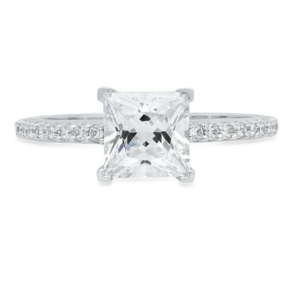 1.62 ct Princess Cut Moissanite Solitaire with Simulated Diamond Accents 18K White Gold Womens Engagement Ring