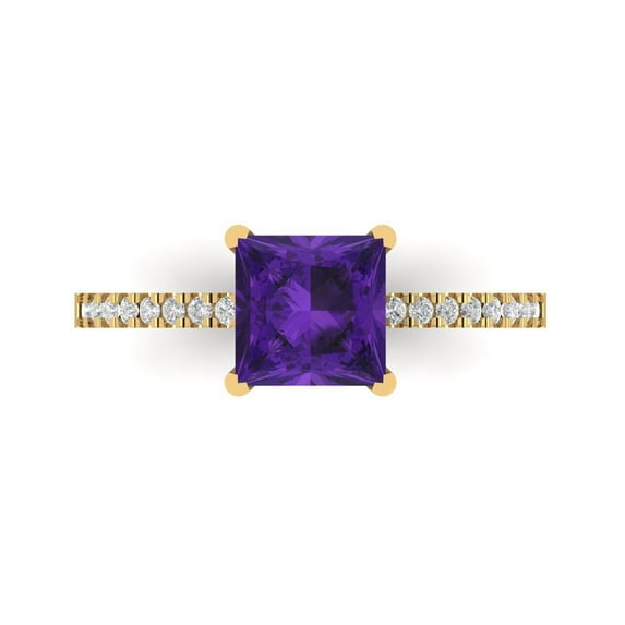1.62 ct Princess Cut Natural Amethyst Solitaire with Simulated Diamond Accents 18K Yellow Gold Womens Engagement Ring