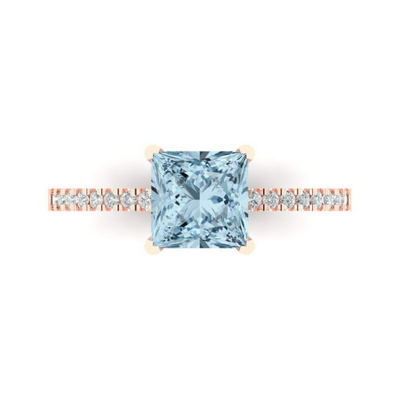 1.62 ctw Solitaire with Zirconia Diamond Accents Anniversary Ring for Women | Princess Cut Natural Aquamarine | Hyperallergenic Solid 18K Rose Gold