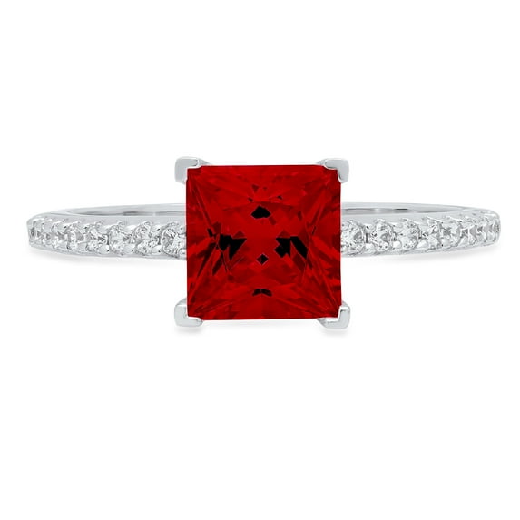 1.62 ct Princess Cut Natural Garnet Solitaire with Simulated Diamond Accents 14K White Gold Womens Engagement Ring