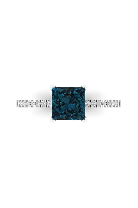 1.62 ct Princess Cut Natural London Blue Topaz Solitaire with Simulated Diamond Accents 14K White Gold Womens Engagement Ring