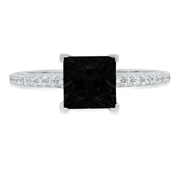 1.62 ct Princess Cut Natural Onyx Solitaire with Simulated Diamond Accents 18K White Gold Womens Engagement Ring