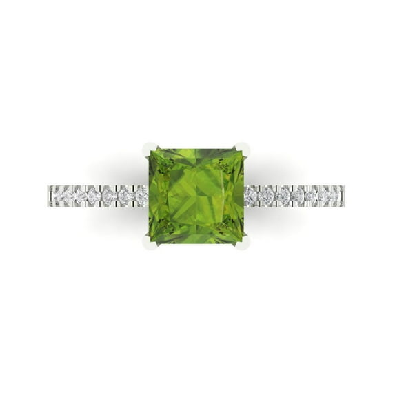 1.62 ct Princess Cut Natural Peridot Solitaire with Simulated Diamond Accents 14K White Gold Womens Engagement Ring