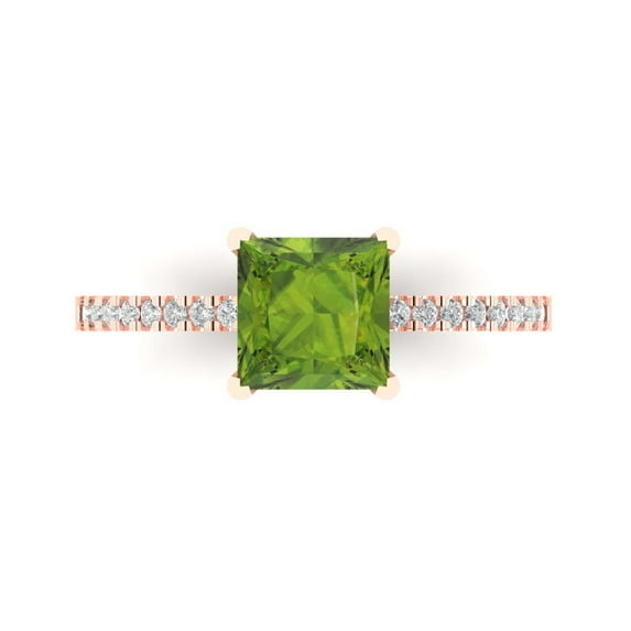 1.62 ct Princess Cut Natural Peridot Solitaire with Simulated Diamond Accents 18K Rose Gold Womens Engagement Ring