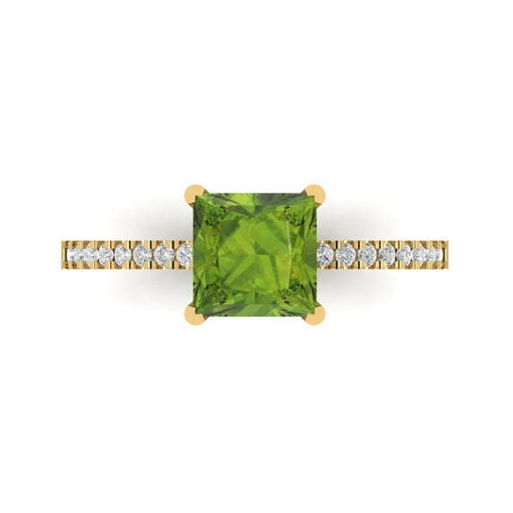 1.62 ct Princess Cut Natural Peridot Solitaire with Simulated Diamond Accents 18K Yellow Gold Womens Engagement Ring