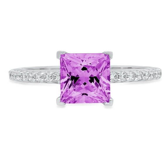 1.62 ct Princess Cut Simulated Alexandrite Solitaire with Simulated Diamond Accents 14K White Gold Womens Engagement Ring