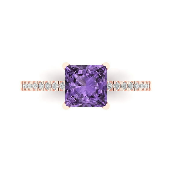1.62 ct Princess Cut Simulated Alexandrite Solitaire with Simulated Diamond Accents 18K Rose Gold Womens Engagement Ring